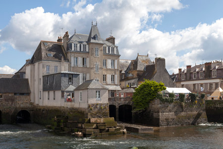 Landerneau, France - April 03 2022: The Rohan bridge seen from downstream of the Elorn river.のeditorial素材