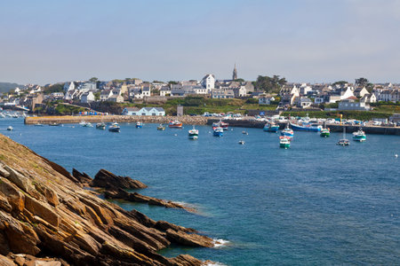 Le Conquet, France - July 24 2017: Boats moored in the marina between the town of Le Conquet and the Presqu'iÌle de Kermorvan.のeditorial素材