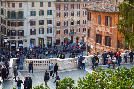 Rome, Italy - March 17 2018: Piazza di Spagna, at the bottom of the Spanish Steps, is one of the most famous squares in Rome.のeditorial素材
