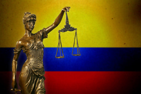 Close-up of a small bronze statuette of Lady Justice before a Colombian flag.の写真素材