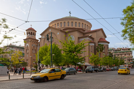 Athens, Greece - April 27 2019:  Church of Saint Panteleimon of Acharnai (Greek: ÎÎµÏÏÏ ÎÎ±ÏÏ ÎÎ³Î¯Î¿Ï Î Î±Î½ÏÎµÎ»ÎµÎ®Î¼oÎ½Î¿Ï ÎÏÎ±ÏÎ½ÏÎ½).のeditorial素材