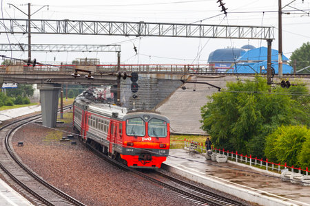 Novosibirsk, Russia - July 20 2018: ED4 train operated by RZD leaving the Trans-Siberian railway...