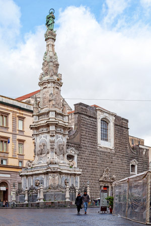 Naples, Italy - March 19 2018: The Spire of the Immaculate Virgin on the Piazza del GesÃ¹ Nuovo.のeditorial素材