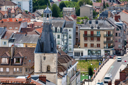 ChÃ¢teau-Thierry, France - July 23 2020: Aerial view of the Balhan tower, a vestige of an urban...