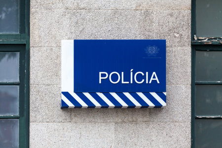 Portuguese Police sign outside of a police station in Porto.の写真素材
