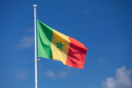Close-up on a Senegalese flag waving atop of its pole.の写真素材
