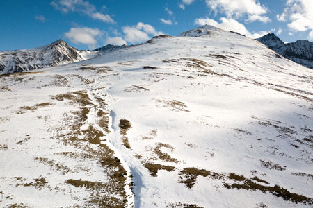 Aerial view of the snow-capped mountains in the PyrÃ©nÃ©es.