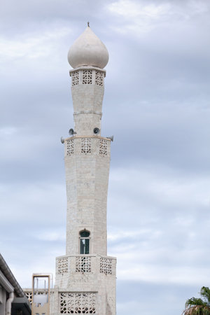 Minaret of the Noor-e-Islam Mosque. It is the main and oldest mosque in Saint-Denis (Reunion Island). It is one of the two mosques of Sunni confession of the city. Its name means "light of Islam" in Arabic.の写真素材