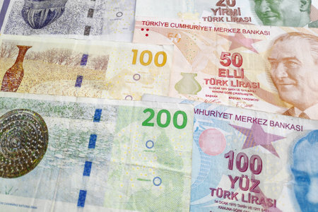 Close-up on a stack of Danish Kroners and Turkish Liras.の写真素材