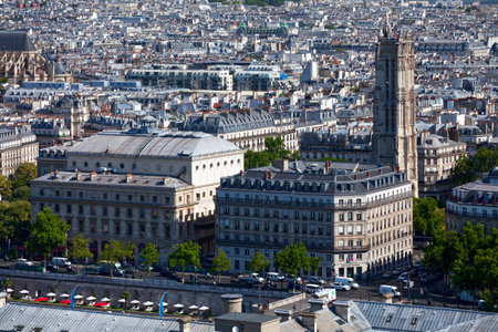 Paris, France - July 07 2017: Aerial view of the Tour Saint Jacques with behind, the Paroisse Saint Eustache and before the ThÃ©Ã¢tre du ChÃ¢telet and the PrÃ©fecture de Police.のeditorial素材