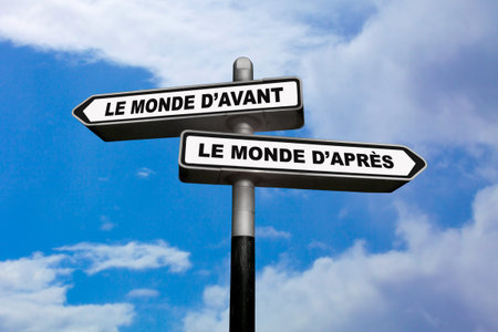 Two direction signs, one pointing left and the other one, pointing right, with written in them in...