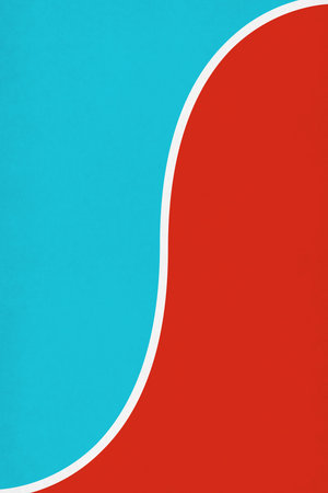 Abstract cyan and red background divided by a white S shaped line.
