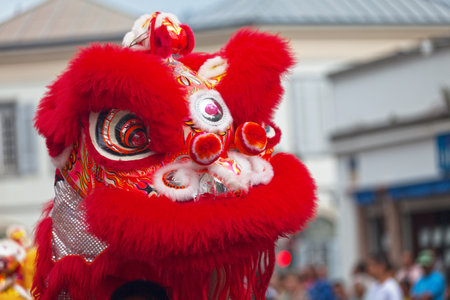 Dancers in their costume performing a traditional Lion Dancing during the Guan Di Festival in Saint Denis, Reunion Island.の写真素材