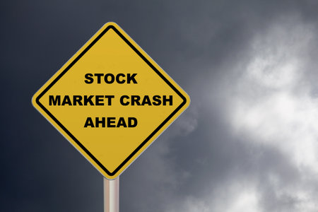 Diamond-shaped crossing sign with yellow background and black border with a short phrase saying âStock market crash aheadâ in the middle.の写真素材