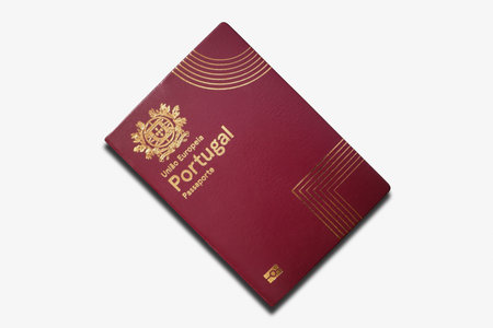Close-up on a Portuguese passport isolated on a white background.の写真素材