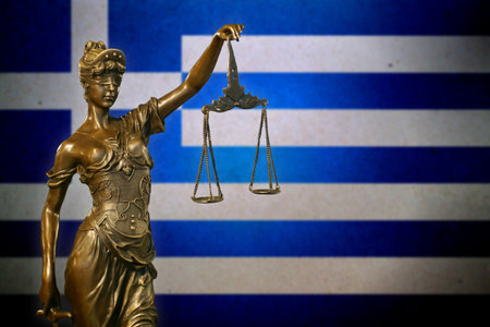 Close-up of a small bronze statuette of Lady Justice before a Greek flag.の写真素材