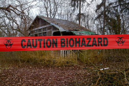 Abandoned cabin in the woods with a  biohazard tape with written in it Caution Biohazard.