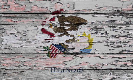 Flag of Illinois painted on a grunge wooden board.の写真素材