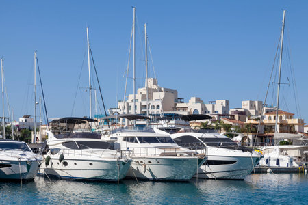 Limassol, Cyprus - May 05 2025: Row of boats moored at Limassol Marina.のeditorial素材