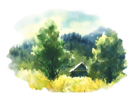 Landscape with house and trees, watercolor illustration.の写真素材