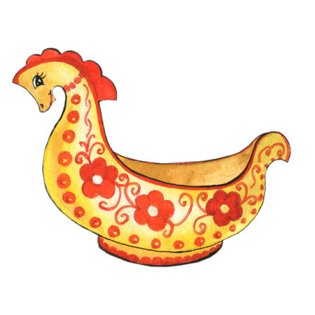 Watercolor bright Khokhloma bratina ladle bowl shaped as scoop with seahorse head.の写真素材