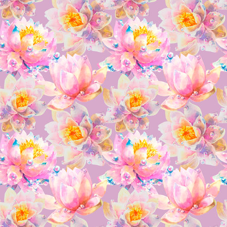 Watercolor Seamless Pattern with Romantic flowers of water lily on violet background.の写真素材