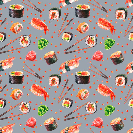Seamless watercolor pattern with sushi, rolls, nigiri, gunkan shrimp, tuna, wasabi, chopsticks on a grey background.の写真素材