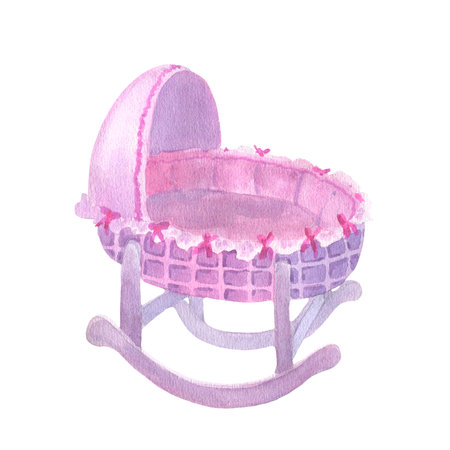 Hand drawn Watercolor illustration of crible for child. Drawing of bassinet for girl in vintage retro style. Sketch on isolated white background in pastel pink color.の写真素材