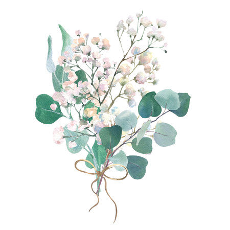 Watercolor bouquet, gypsophila branch and eucalyptus branches, isolated on white background. For the design and decoration of wedding and greeting cards.の写真素材