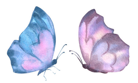 A set of delicate cute blue and lilac butterflies. Watercolor illustration isolated objects on a white background. For decoration, design of romantic, wedding events, textiles, poscards, card makingの写真素材
