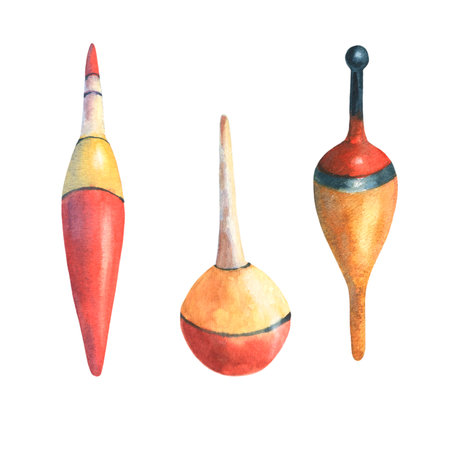 Set of fishing bobber float. Hand drawn watercolor painting isolated on white background, cut out clip art element for design, postcards, stickers, scrapbooking, poster.の写真素材