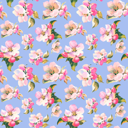 Seamless pattern with watercolor illustrations of apple flowers on blue background. Its perfect for wallpaper, fabric design, textile design, cover, wrapping paper, surface textures.の写真素材