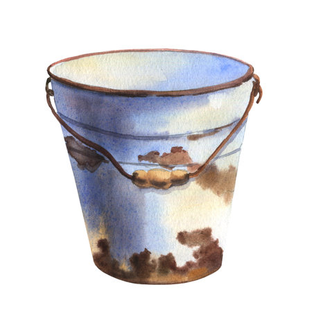 Rustic iron metal bucket. Watercolor painting isolated on white background. Fishing.の写真素材