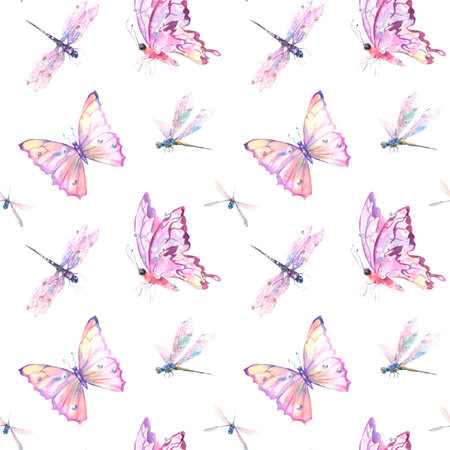 Watercolor Seamless Pattern with Romantic Flying Dragonflies and Butterflies on white background. Cute illustration for wallpaper, textile or wrapping paper.の写真素材