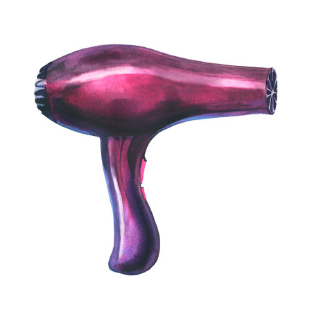 Hair dryer for hairdressers, barbershop, black, pink. Modern design, stylish silhouette. Electrical device, one object, top view. Hand drawn in watercolor on a white background.の写真素材