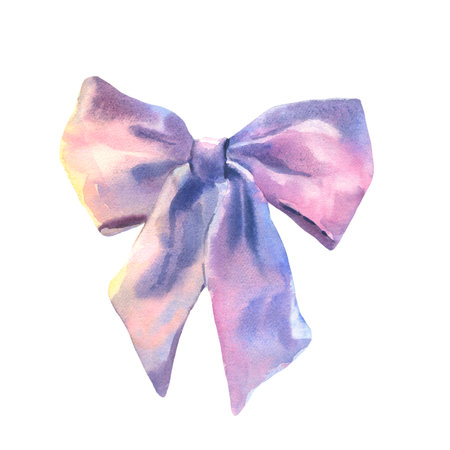 Watercolor pupple bow. Hand painted gift bow or hair bow isolated on white background. Party or greeting object, bow for your creativityの写真素材