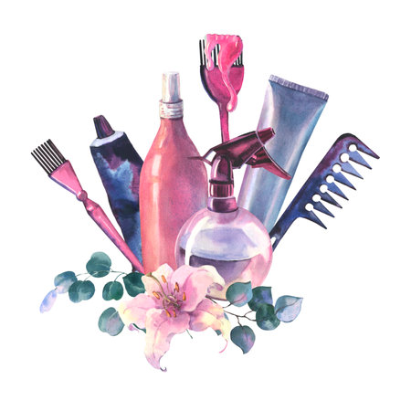 Watercolor Hairdressing illustration. watercolor composition with brushes with smudges of pink hair dye, water spray, comb, scissors and hair clip decorated with lily flowers and eucalyptus leaves.の写真素材