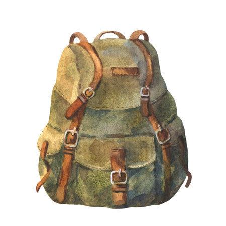 Watercolor illustration, Vintage Backpack isolated on white background. Travel bag for adventure or camping. Drawing of luggage for tourism trip or hiking.の写真素材