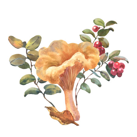 Forest chanterelle mushroom with Cranberry bushes and autumn leaf. Watercolor hand drawn illustration. Isolated composition on a white backgroundの写真素材