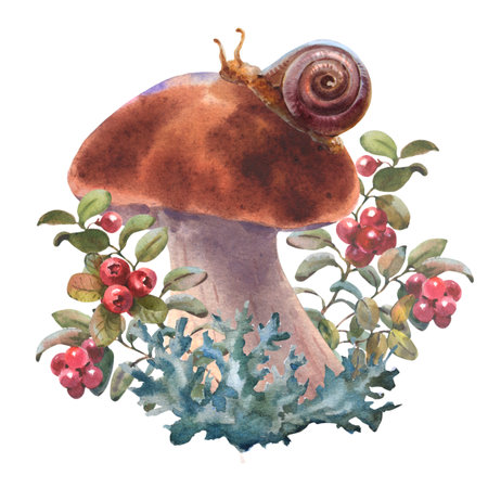 Mushrooms forest boletus with moss, lingonberries and snail. Watercolor illustration, hand drawn, Isolated on a white background.の写真素材