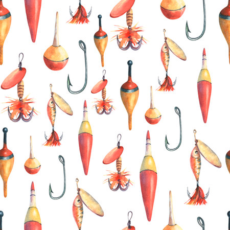 Seamless pattern with fishing tackle, bobber float,, hooks and lures. Hand drawn watercolor painting isolated on white background, cut out clip art element for textile, postcards, scrapbooking.の写真素材