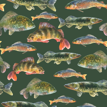 Watercolor illustration, seamless pattern with fresh fishes, perch, pike, Crucian fish, carp, grayling animal isolated on a sap green background.の写真素材