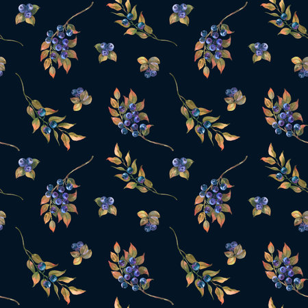 Watercolor Hand Drawn illustration, seamless pattern of Blueberry with green leaves. Forest Plant...