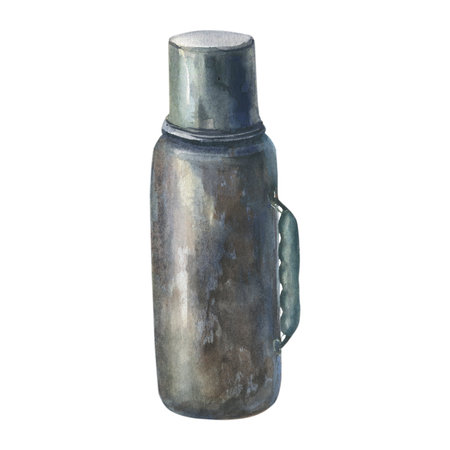 Hand drawn watercolor illustration of old retro metal bottle on isolated background for travel or adventure. Drawing of camp vintage equipment for drink. Objects for camping and adventure.の写真素材