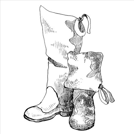 Graphic long rubber fisherman shoes. Vector illustration. Fishing concept. Sketch design element isolated on white. Galoshes, gumboots ink pen freehand drawingのイラスト素材