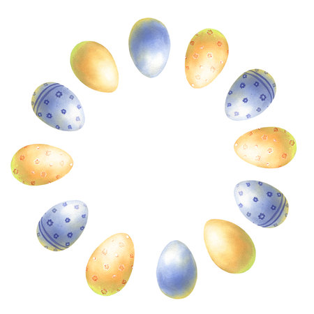 Watercolor Easter wreath eggs, violet, blue, yellow color, vintage illustration isolated on white...