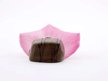 Photo of a piece of chocolate on a rose petalの写真素材