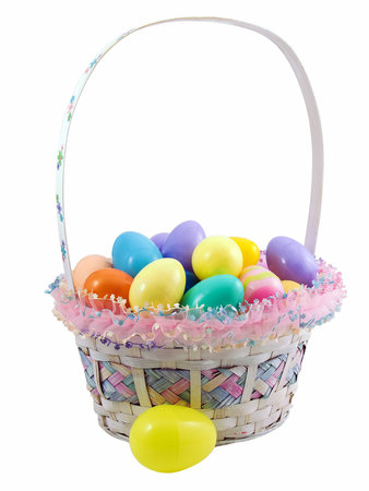 Photo of a easter basket with several easter eggs inside, isolated on a white background