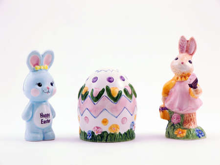 Photo of two easter bunnies and and easter eggの写真素材