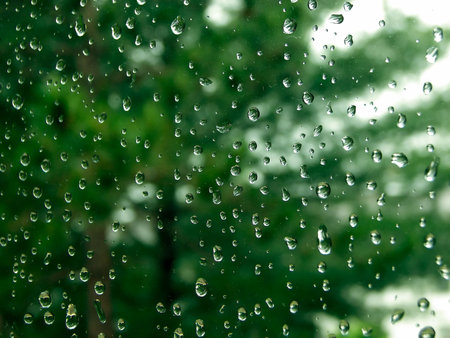 Photo of rain drops on a window with trees in the backgroundの写真素材